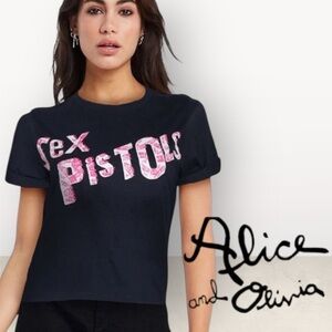 AO.LA by Alice + Olivia Shira Roll Short Sleeve Tee Sex Pistols M/L Black